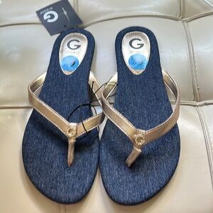 G by Guess Women's Metallic Gold Thong Sandals - Denim Footbed Size 6.5